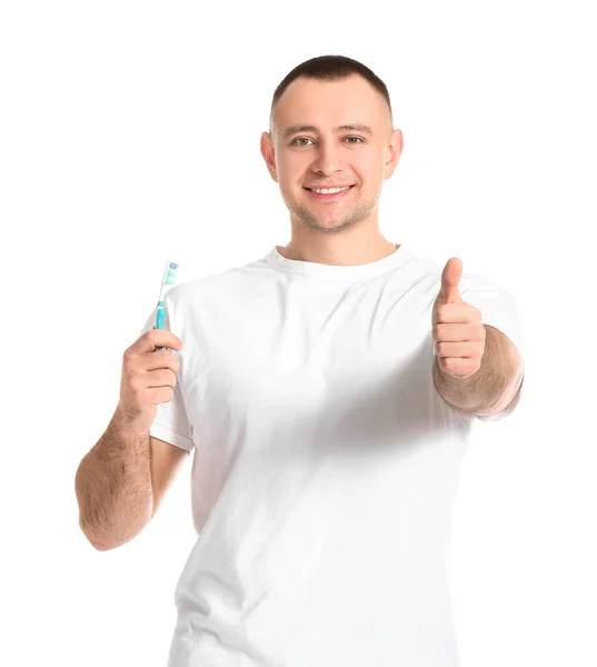 Man Tooth Brush Showing Thumb White Background — Stock Photo, Image