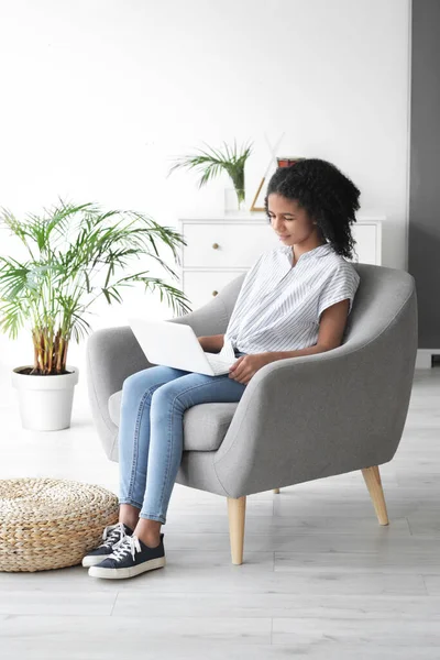 African American Girl Laptop Sitting Armchair Home — Stock Photo, Image