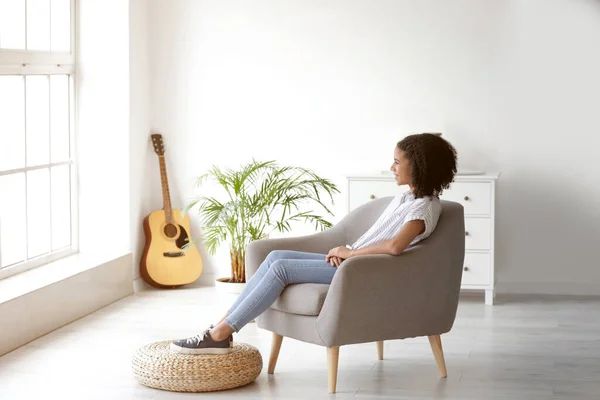 African American Girl Relaxing Armchair Home — Stock Photo, Image