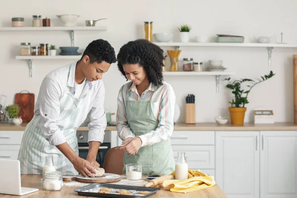 African American Brother Sister Making Cookies Kitchen — Stock Photo, Image