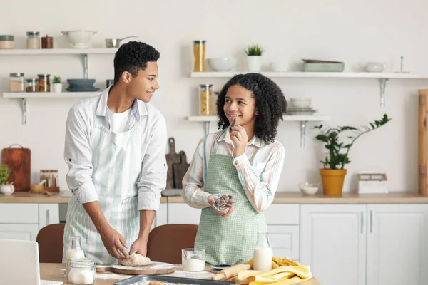 African American Brother Sister Making Cookies Kitchen — Stock Photo, Image