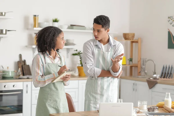 African American Brother Sister Making Cookies Kitchen — Stock Photo, Image