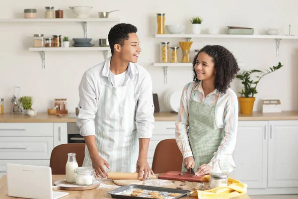 African American Brother Sister Making Cookies Kitchen — Stock Photo, Image