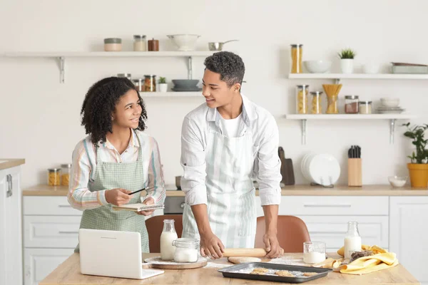 African American Brother Sister Making Cookies Kitchen — Stock Photo, Image