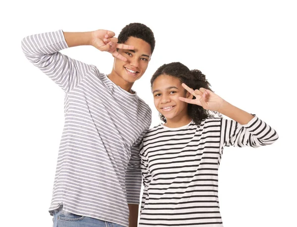African American Brother Sister Showing Victory Gesture White Background — Stock Photo, Image