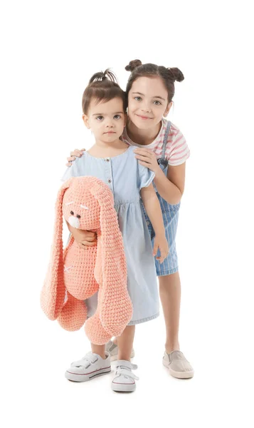 Cute Little Sisters Toy White Background — Stock Photo, Image