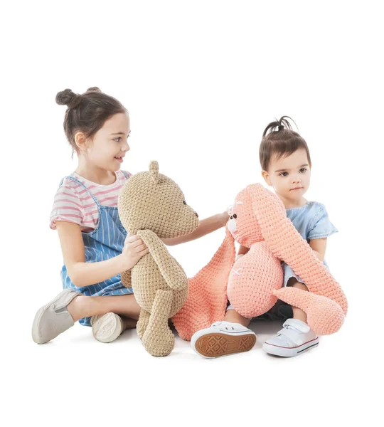 Cute Little Sisters Toys White Background — Stock Photo, Image