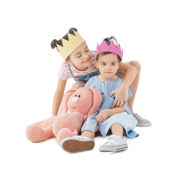 Cute Little Sisters Toy White Background — Stock Photo, Image