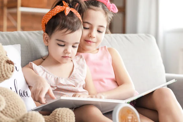 Cute Little Sisters Reading Book Home — Stock Photo, Image