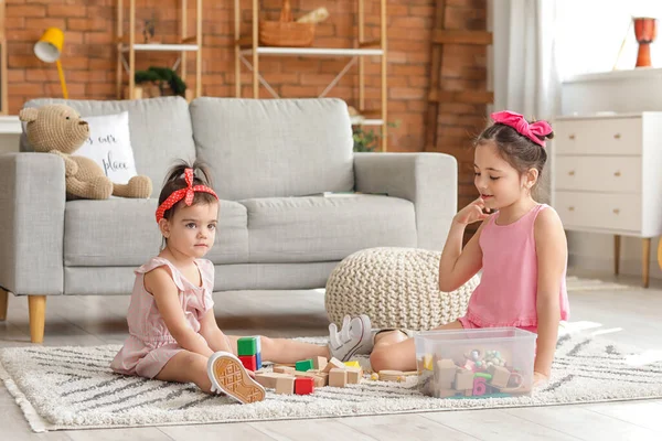 Cute Little Sisters Playing Home — Stock Photo, Image