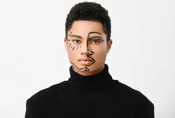 Young African American Guy Paint Face Light Background — Stock Photo, Image