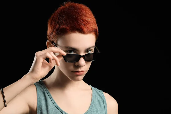 Non Binary Teenager Dark Background — Stock Photo, Image