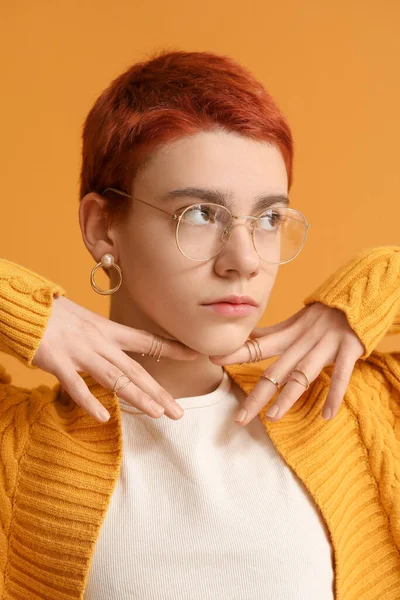 Non Binary Teenager Color Background — Stock Photo, Image