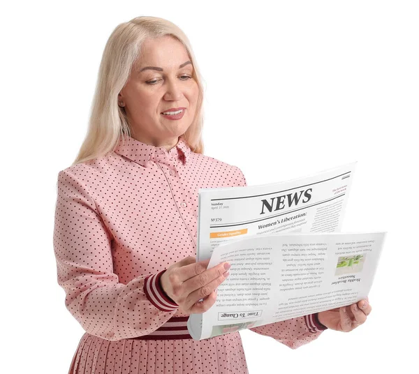 Mature Woman Newspaper White Background — Stock Photo, Image