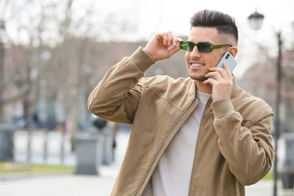Young Man Talking Phone Outdoors — Stock Photo, Image