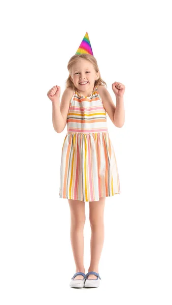 Happy Little Girl Imprezowym Kapeluszu Białym Tle — Zdjęcie stockowe
