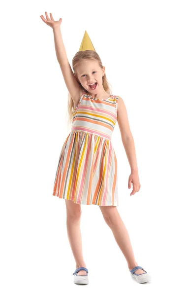 Glückliches Kleines Mädchen Mit Partyhut Auf Weißem Hintergrund — Stockfoto