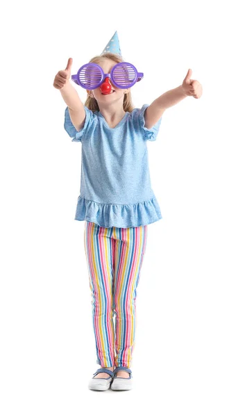 Nettes Kleines Mädchen Party Verkleidung Zeigt Daumen Nach Oben Auf — Stockfoto