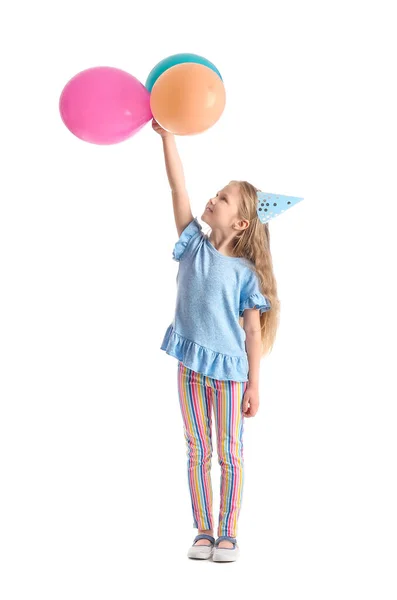 Χαριτωμένο Κοριτσάκι Στο Καπέλο Κόμμα Και Μπαλόνια Λευκό Φόντο — Φωτογραφία Αρχείου