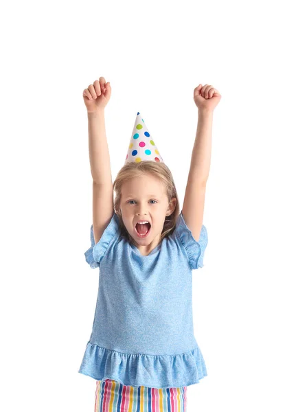 Happy Little Girl Party Hat White Background — Stock Photo, Image