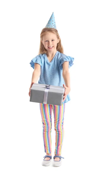 Милая Маленькая Девочка Шляпе Партии Подарком Белом Фоне — стоковое фото