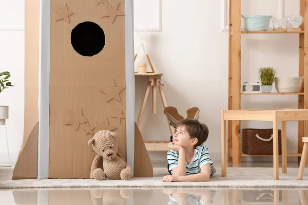 Cute Little Boy Playing Cardboard Rocket Home — Stock Photo, Image