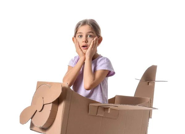 Shocked Little Girl Cardboard Airplane White Background — Stock Photo, Image