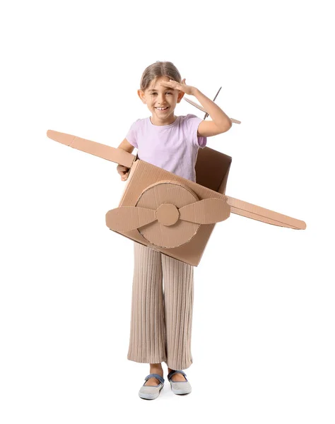 Little Girl Playing Cardboard Airplane White Background — Stock Photo, Image