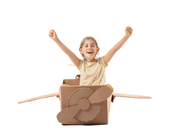 Menina Brincando Com Avião Papelão Fundo Branco — Fotografia de Stock