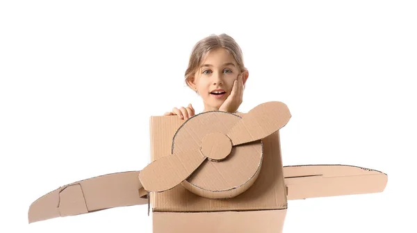 Little Girl Cardboard Airplane White Background — Stock Photo, Image