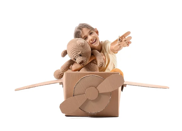 Маленька Дівчинка Грає Іграшками Білому Тлі — стокове фото
