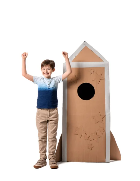 Cute Little Boy Cardboard Rocket White Background — Stock Photo, Image