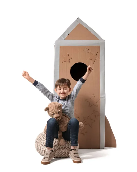 Cute Little Boy Toy Cardboard Rocket White Background — Stock Photo, Image