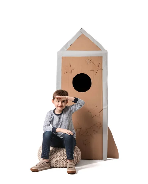 Cute Little Boy Cardboard Rocket White Background — Stock Photo, Image