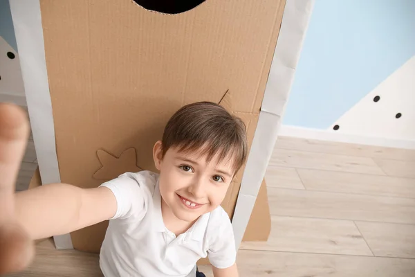 Cute Little Boy Taking Selfie Color Wall — Stock Photo, Image