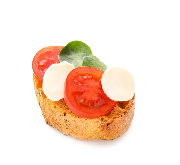 Tasty Bruschetta Mozzarella Cheese Tomatoes White Background — Stock Photo, Image