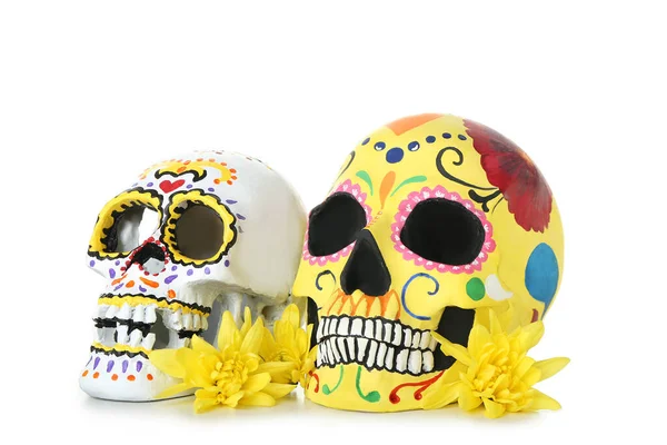 Painted Human Skulls Mexico Day Dead Dia Muertos Flowers White — Stock Photo, Image