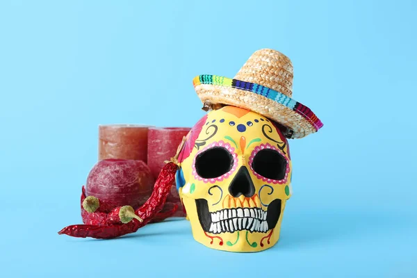 Painted Human Skull Mexico Day Dead Dia Muertos Candles Chili — Stock Photo, Image