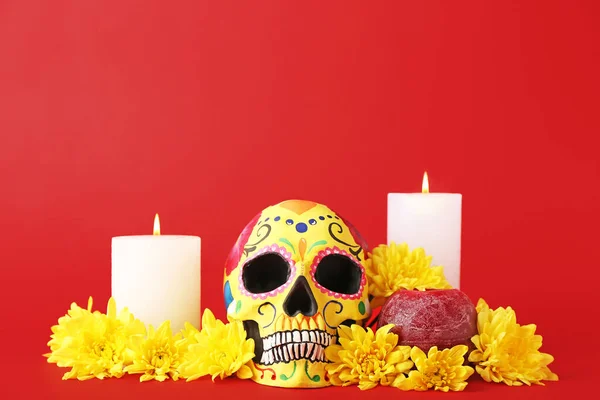 Calavera Humana Pintada Para Día Los Muertos México Velas Flores — Foto de Stock