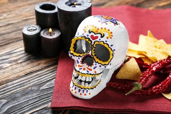 Malowana Ludzka Czaszka Dzień Zmarłych Meksyku Dia Muertos Świece Nachos — Zdjęcie stockowe