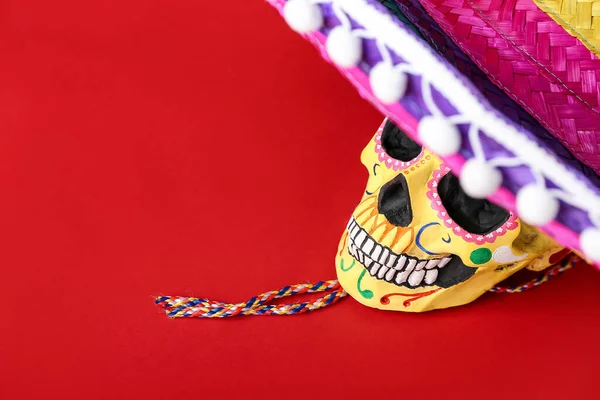 Painted Human Skull Mexico Day Dead Dia Muertos Sombrero Color — Stock Photo, Image