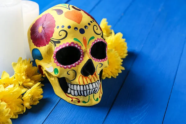 Painted Human Skull Mexico Day Dead Dia Muertos Flowers Candles — Stock Fotó