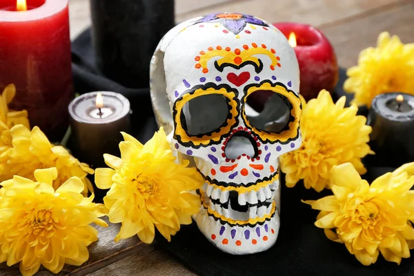 Painted Human Skull Mexico Day Dead Dia Muertos Flowers Candles — Stock Fotó