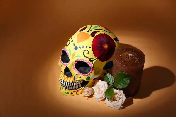 Painted Human Skull Mexico Day Dead Dia Muertos Candle Flowers — ストック写真