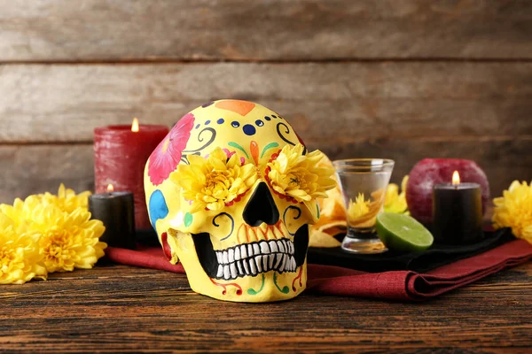 Painted Human Skull Mexico Day Dead Dia Muertos Flowers Candles — Stock Fotó