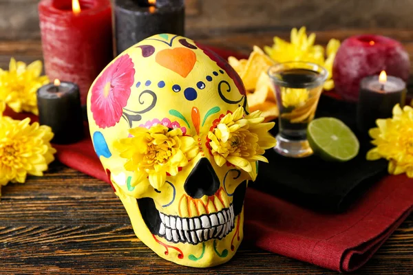 Målade Mänskliga Skalle För Mexikos Dödsdag Dia Muertos Blommor Ljus — Stockfoto