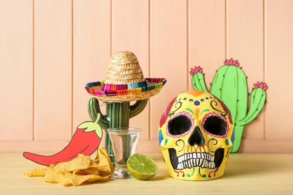 Composition Mexico Day Dead Dia Muertos Color Wooden Background — Stock Photo, Image