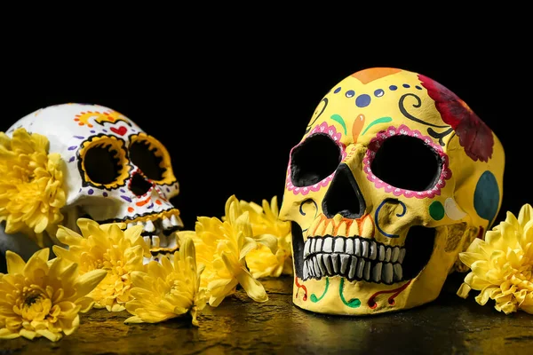 Painted Human Skulls Mexico Day Dead Dia Muertos Flowers Dark — ストック写真