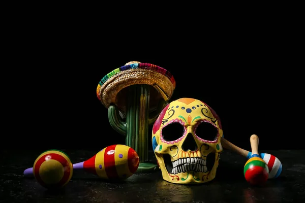 Painted Human Skull Mexico Day Dead Dia Muertos Maracas Cactus — ストック写真