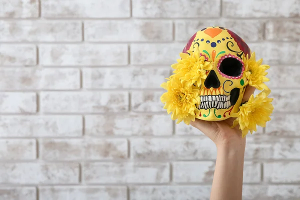Mano Con Cráneo Humano Pintado Para Día Los Muertos México — Foto de Stock